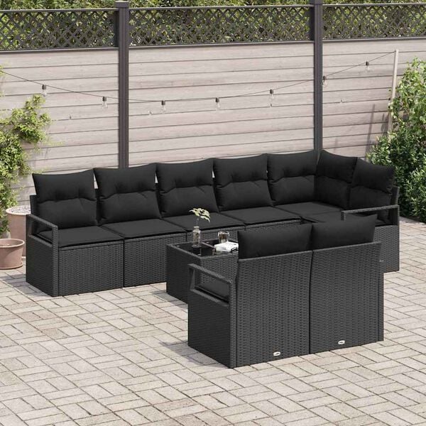 vidaXL Bankstel met kussen 9 pcs Zwart poly rattan