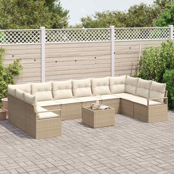 vidaXL Bankstel met kussen 11 pcs Beige poly rattan