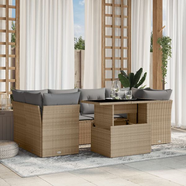 vidaXL 7-delige Loungeset met kussens poly rattan beige