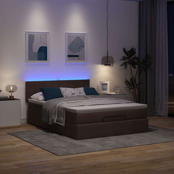 vidaXL Bed poef met matras en LED's 140x190 cm stof donkerbruin