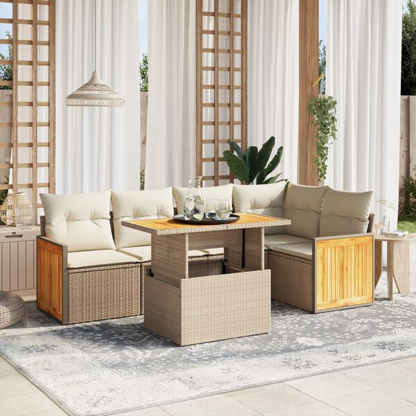 vidaXL 6-delige Loungeset met kussens poly rattan beige