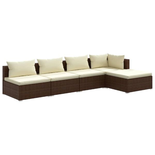vidaXL 5-delige Loungeset met kussens poly rattan bruin