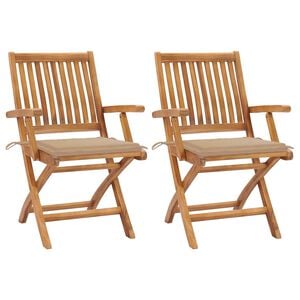 vidaXL Set van 2 klapstoelen met beige kussens, gemaakt van massief teakhout.