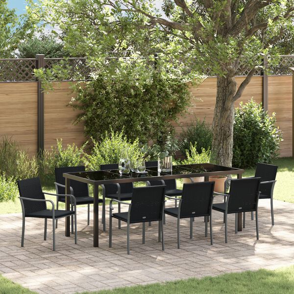 vidaXL Tuin eettafelset 9 pcs Zwart en Grijs PE Rattan