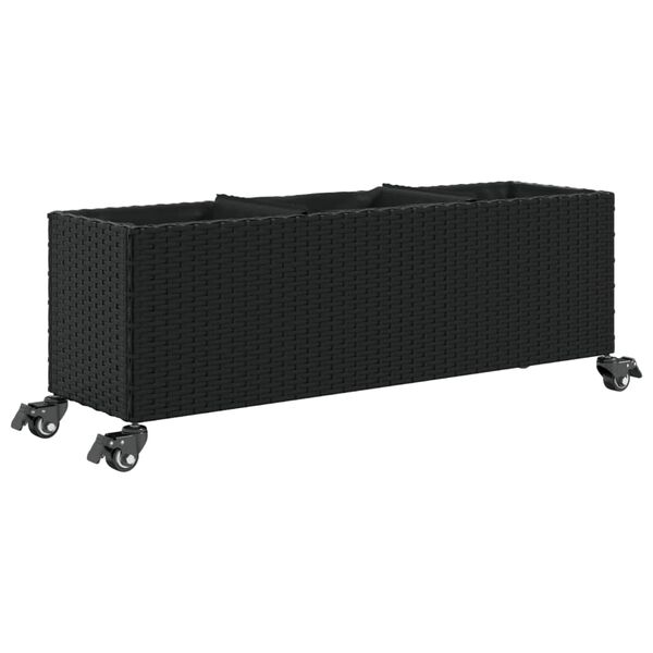 vidaXL Plantenbak met wielen 3 potten 107x32x38 cm poly rattan zwart
