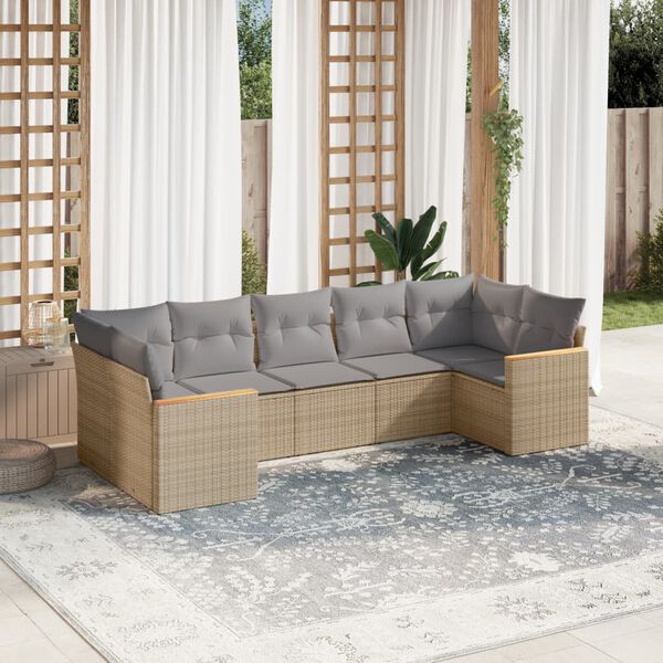 vidaXL 7-delige Loungeset met kussens poly rattan beige