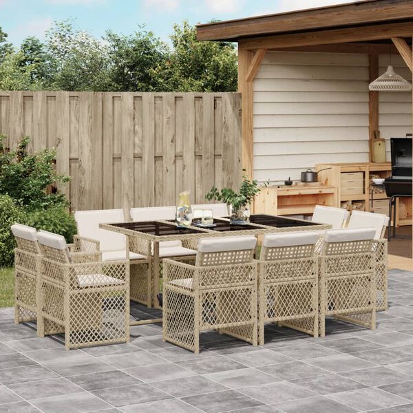 vidaXL 11-delige Tuinset met kussens poly rattan beige