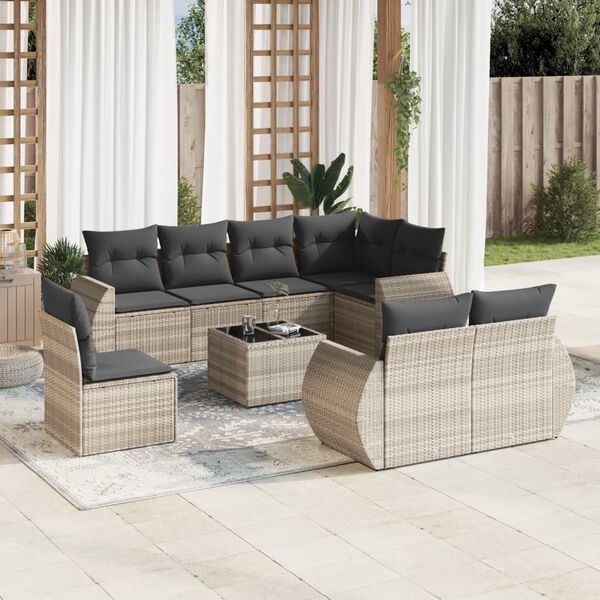 vidaXL 9-delige Loungeset met kussens poly rattan lichtgrijs