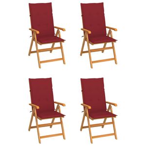 vidaXL Set van 4 klapstoelen met wijnrode kussens, gemaakt van massief teakhout.