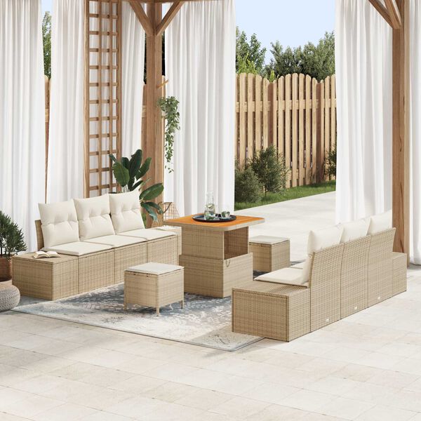 vidaXL Tuinbankenset met kussen met opslag 9 pcs Beige Poly riet