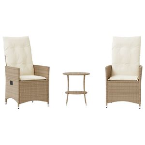 vidaXL 3-delige Bistroset met kussens poly rattan beige