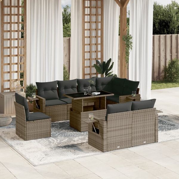vidaXL 9-delige Loungeset met kussens poly rattan grijs