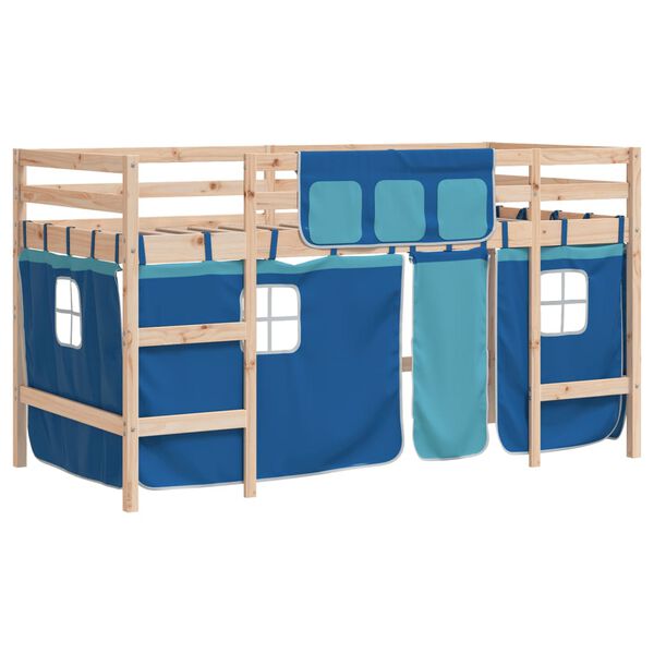 vidaXL Kinderhoogslaper met gordijnen 90x200 cm grenenhout blauw