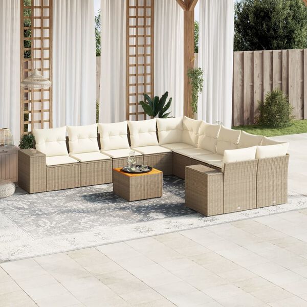vidaXL 11-delige Tuinset met kussens poly rattan beige