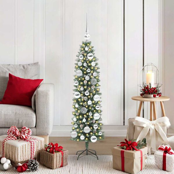 vidaXL Kunstmatige slanke kerstboom met 150 LED Groen en Wit 120 cm