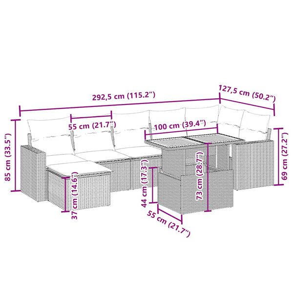 vidaXL 8-delige Loungeset met kussens poly rattan beige