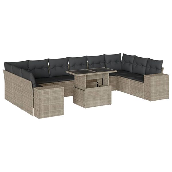 vidaXL 11-delige Loungeset met kussens poly rattan lichtgrijs