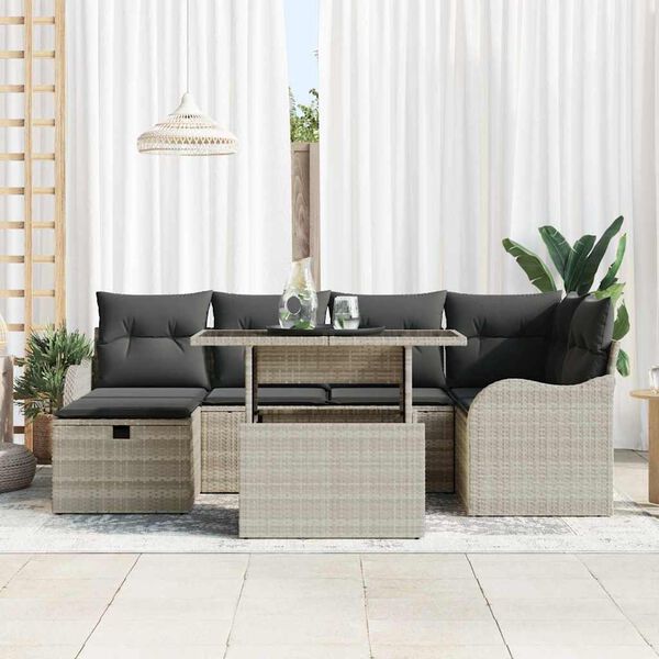 vidaXL Tuin Sofa Set met kussen met opslag 7 pcs Lichtgrijs Poly riet