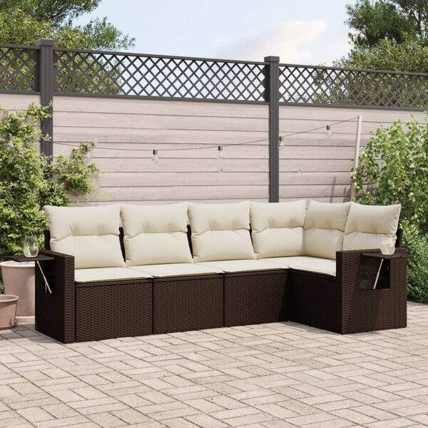 vidaXL 5-delige Loungeset met kussens poly rattan bruin