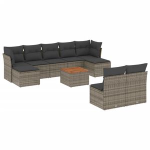 vidaXL 10-delige Loungeset met kussens poly rattan grijs