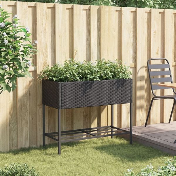 vidaXL Plantenbak met schap poly rattan zwart