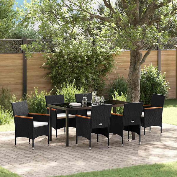 vidaXL Tuin eettafelset met kussen 7 pcs Zwart poly rattan