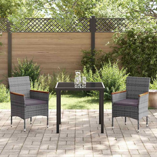 vidaXL Tuin eettafelset met kussen 3 pcs Grijs poly rattan