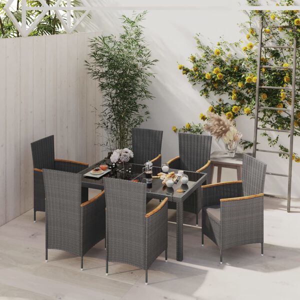 vidaXL 7-delige Tuinset met kussens poly rattan zwart en grijs