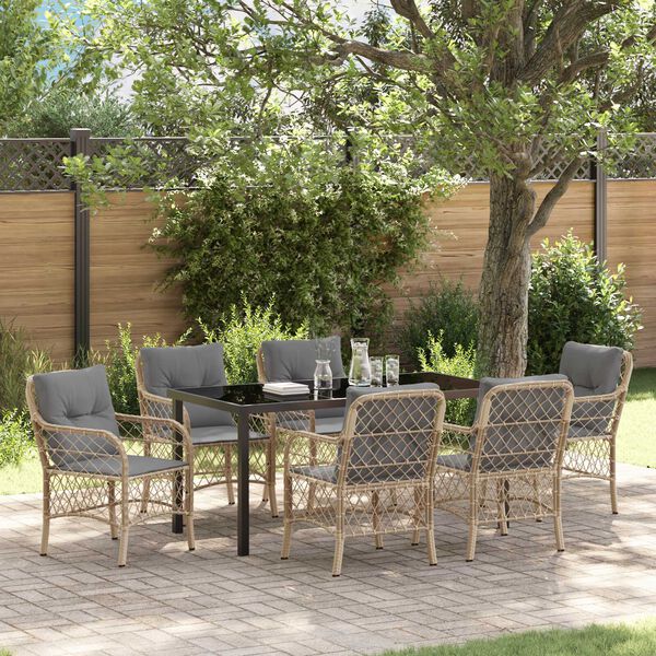 vidaXL Tuin eettafelset met kussen 7 pcs Beige poly rattan
