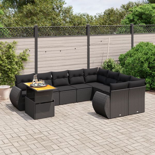 vidaXL 10-delige Loungeset met kussens poly rattan zwart