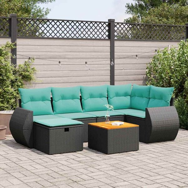 vidaXL 7-delige Loungeset met kussens poly rattan zwart