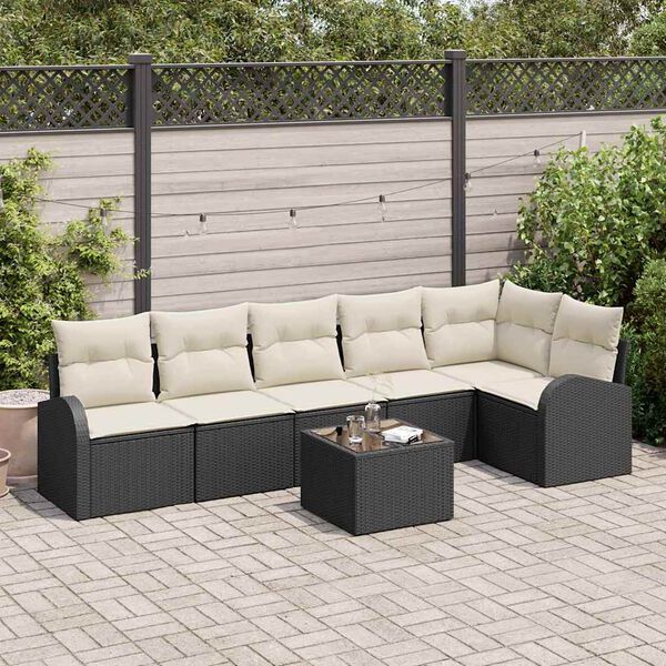 vidaXL Tuinbankenset met kussen 7 pcs Zwart en Wit poly rattan