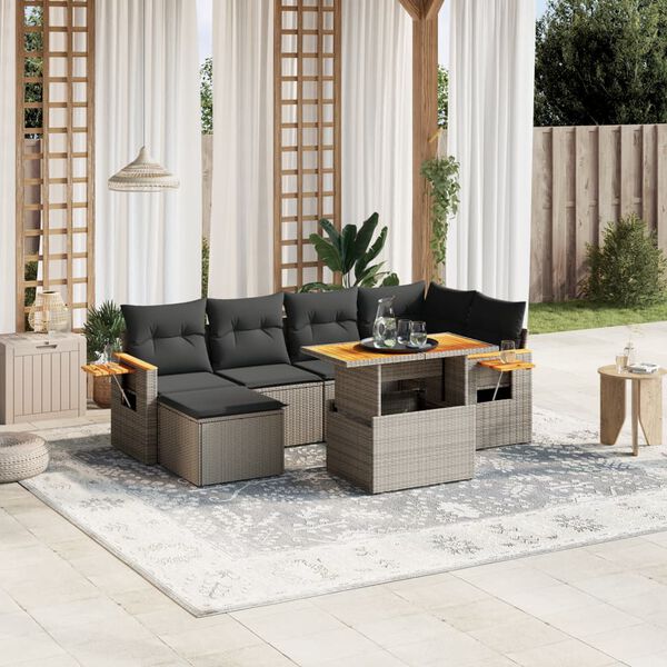 vidaXL 7-delige Loungeset met kussens poly rattan grijs