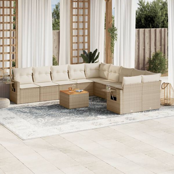 vidaXL 11-delige Tuinset met kussens poly rattan beige