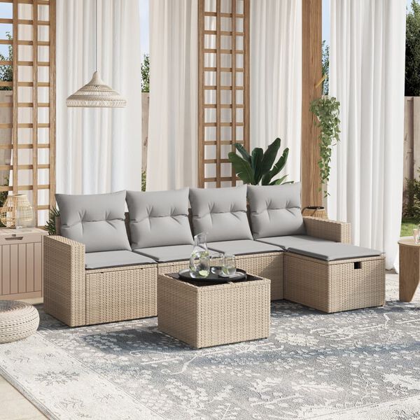 vidaXL 6-delige Loungeset met kussens poly rattan gemengd beige