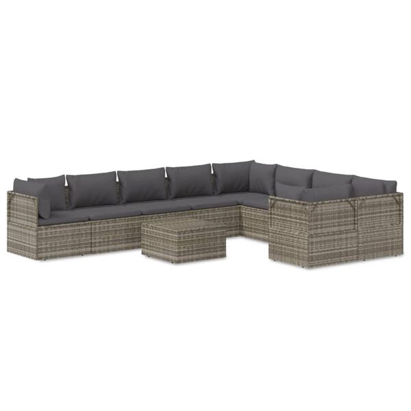 vidaXL 10-delige Loungeset met kussens poly rattan grijs