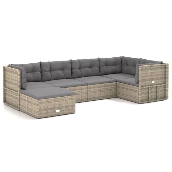vidaXL 6-delige Loungeset met kussens poly rattan grijs