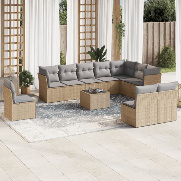 vidaXL 11-delige Tuinset met kussens poly rattan beige