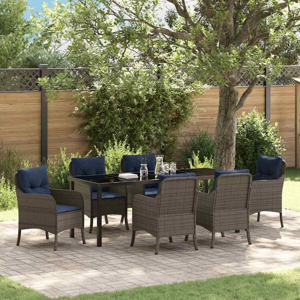 vidaXL Tuin eettafelset met kussen 7 pcs Grijs poly rattan
