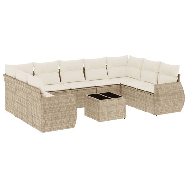 vidaXL 10-delige Loungeset met kussens poly rattan beige