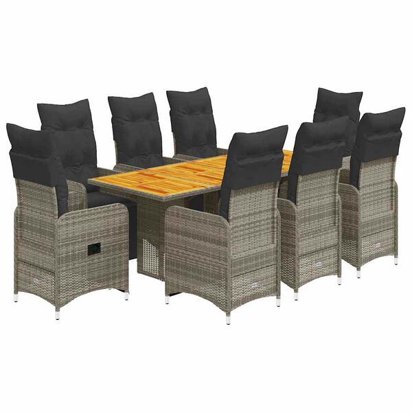 vidaXL 9-delige Bistroset met kussens poly rattan grijs