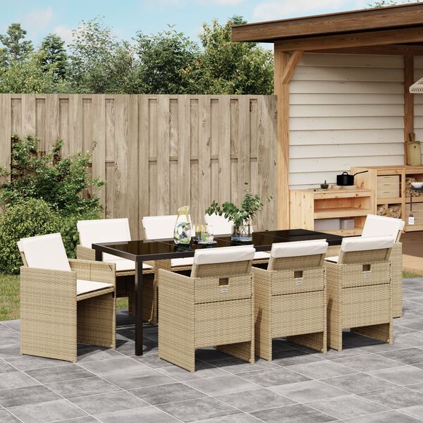 vidaXL Tuin eettafelset met kussen 9 pcs Beige poly rattan