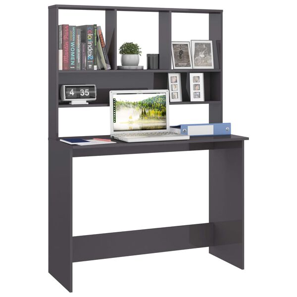 vidaXL Bureau met schappen 110x45x157 cm bewerkt hout hoogglans grijs