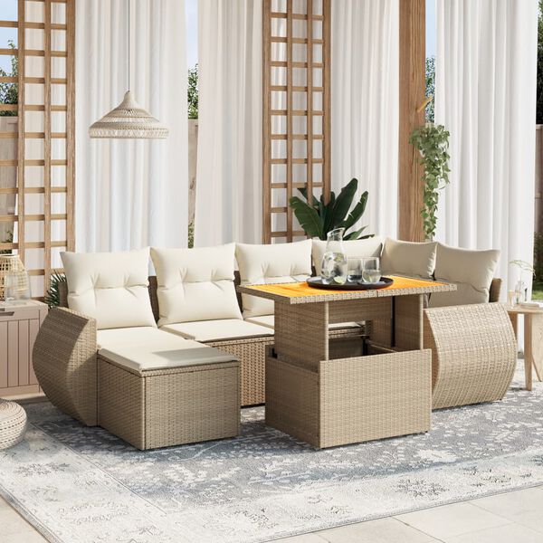 vidaXL 7-delige Loungeset met kussens poly rattan beige