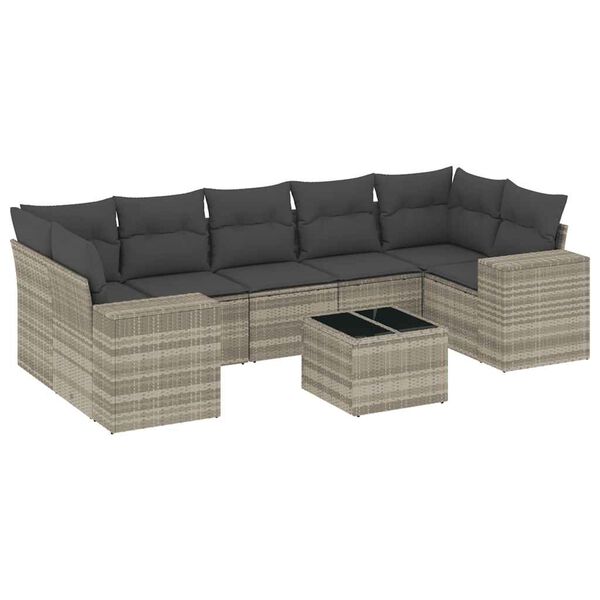 vidaXL 8-delige Loungeset met kussens poly rattan lichtgrijs