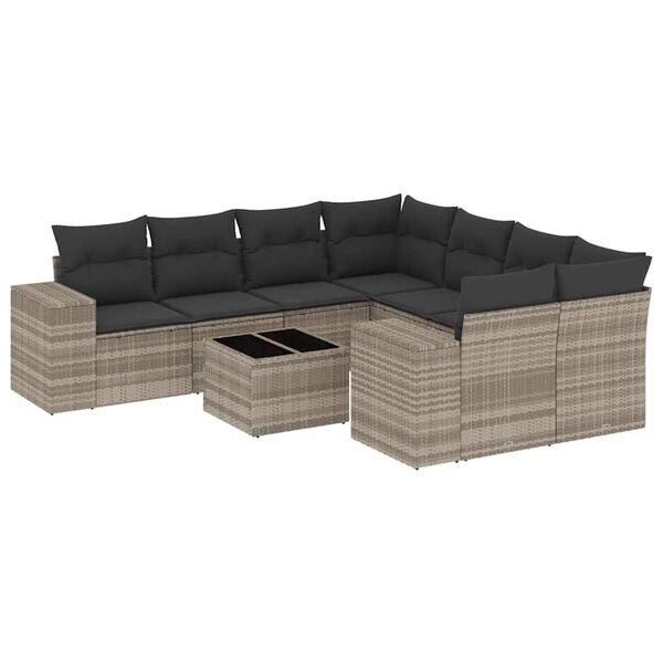 vidaXL 9-delige Loungeset met kussens poly rattan lichtgrijs