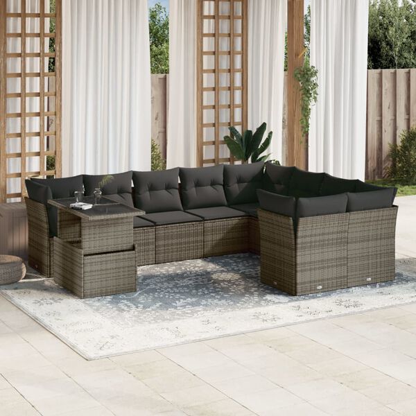 vidaXL 10-delige Loungeset met kussens poly rattan grijs