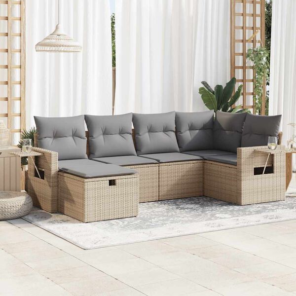 vidaXL 6-delige Loungeset met kussens poly rattan beige