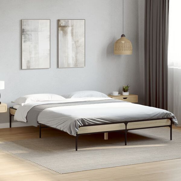 vidaXL Bedframe bewerkt hout metaal sonoma eikenkleurig 90x190 cm