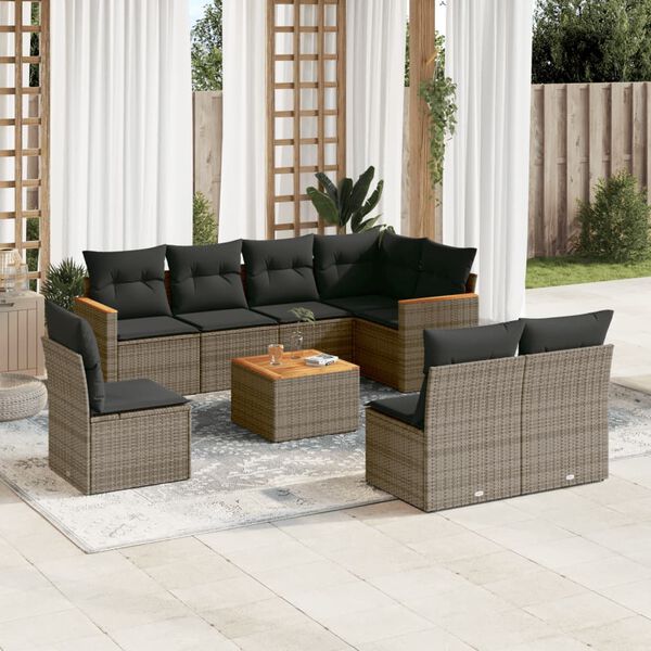 vidaXL 9-delige Loungeset met kussens poly rattan grijs